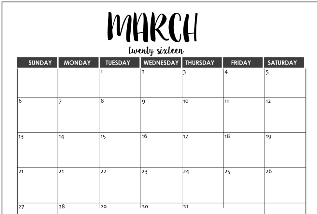 2016 March Month Blank Calender Printable Printable Calendar Templates