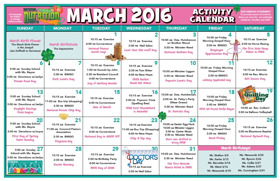 Activity Calendar March 2016 Chase City Health Rehab Center 