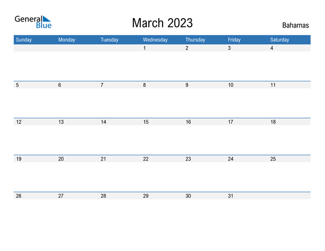 Bahamas March 2023 Calendar With Holidays