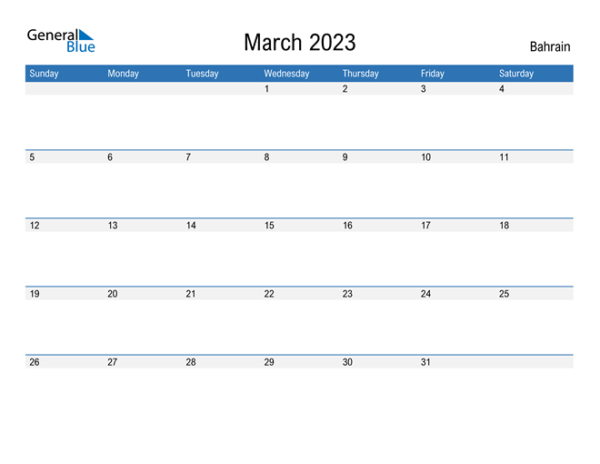 Bahrain March 2023 Calendar With Holidays