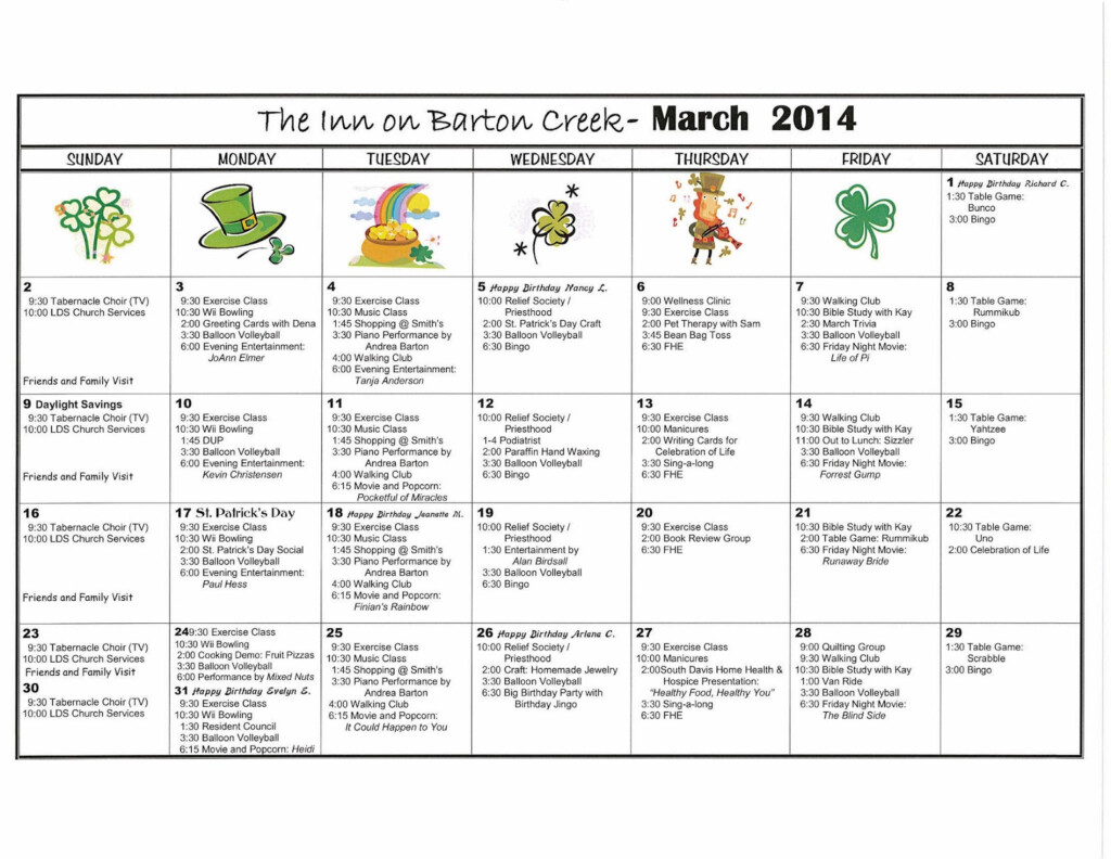 Barton Creek Assisted Living Activities Calendar March 2014