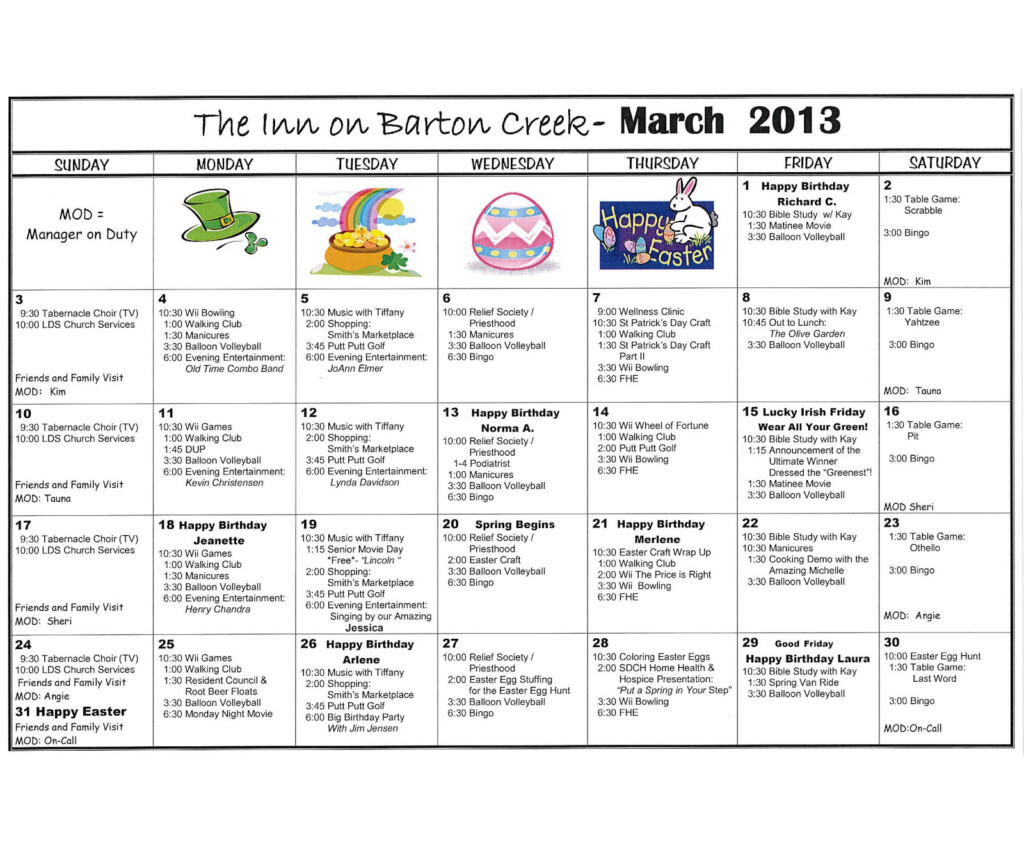 Barton Creek Assisted Living March 2013 Activities Calendar