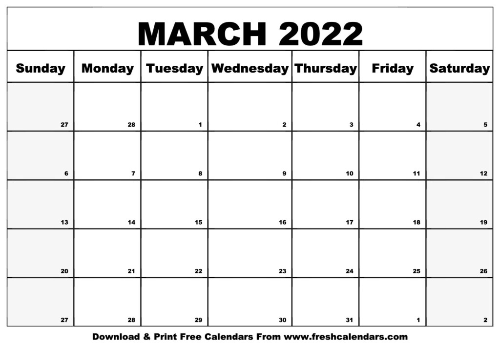 Blank Printable March 2022 Calendars