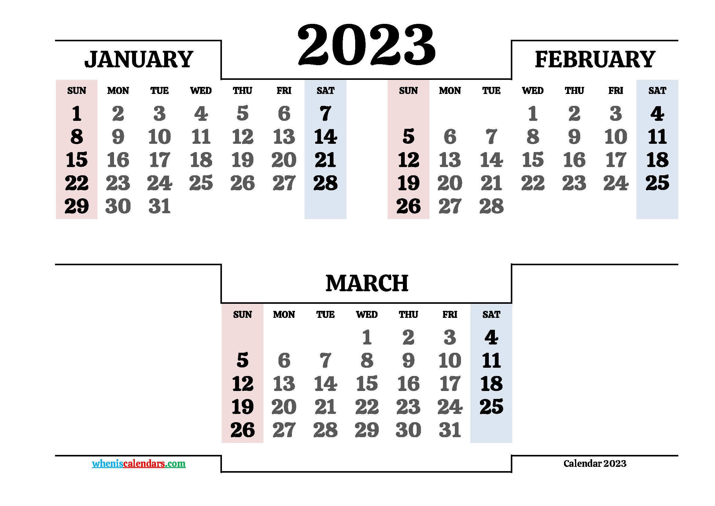 Calendar January February March 2023 Printable