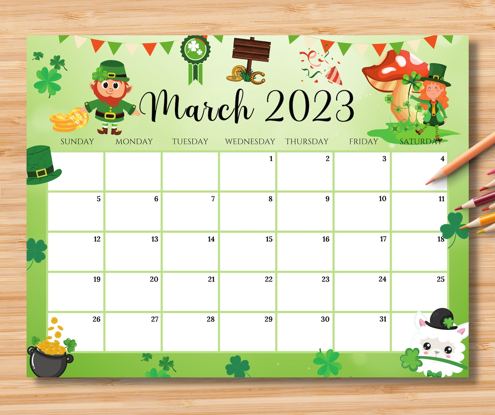 EDITABLE March 2023 Calendar Happy St patrick s Day Etsy