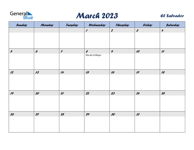 El Salvador March 2023 Calendar With Holidays