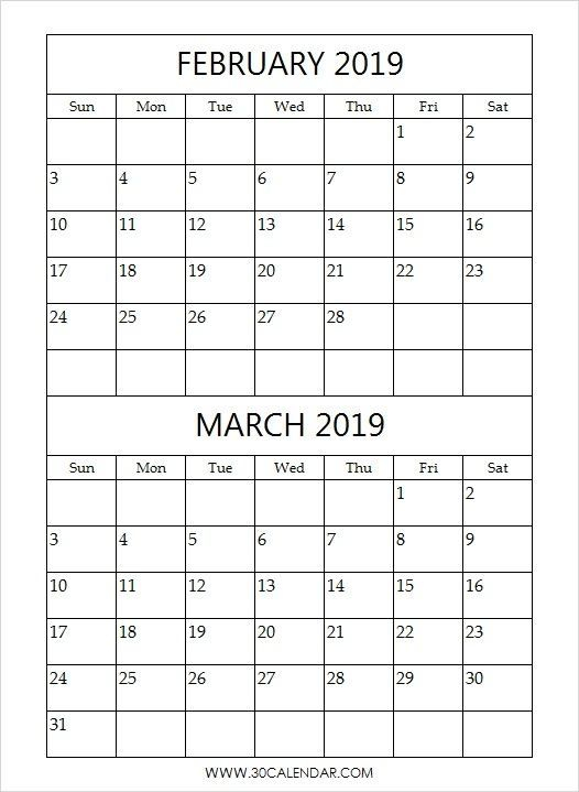 February March 2019 Calendar Template Calendar Printables Printable