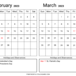 February March 2023 Calendar Template Printable Two Month Planner