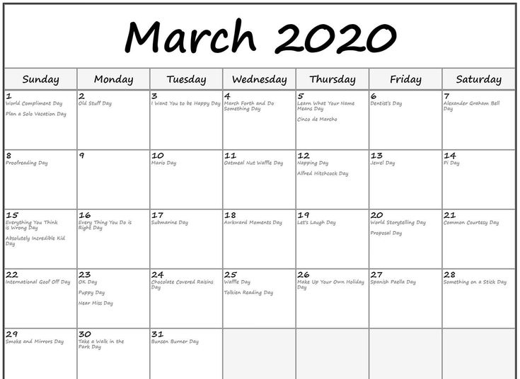 Fillable March 2020 Calendar Template Word PDF Excel Format In 2020 