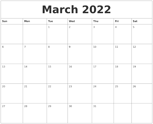 Free Blank March 2022 Fillable Calendar Template To Edit Print