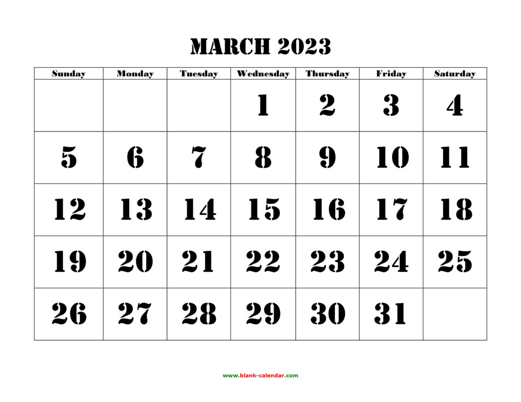 Free Download Printable March 2023 Calendar Large Font Design 