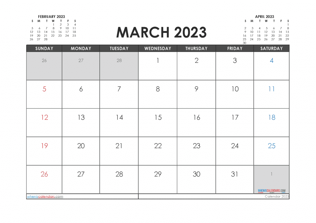 Free Printable Calendar 2023 March With Holidays PDF Landscape