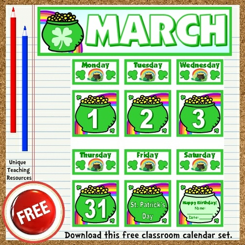 Free Printable March Classroom Calendar For School Teachers