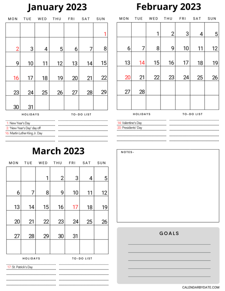 January February March 2023 Calendar Quarterly Calendar 2023 In PDF