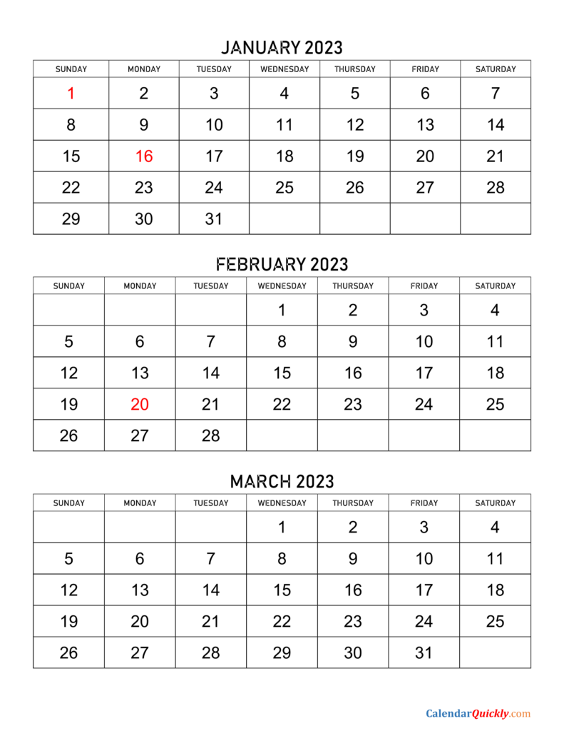 January To March 2023 Calendar Calendar Quickly