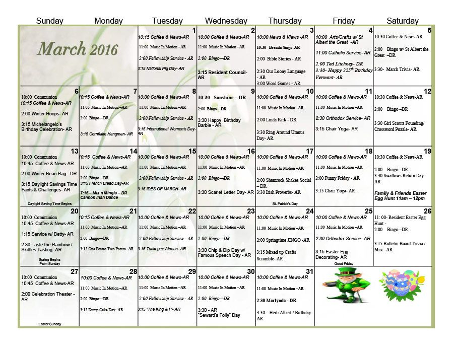 March 2016 Activities Calendar Activity Director Nursing Home 