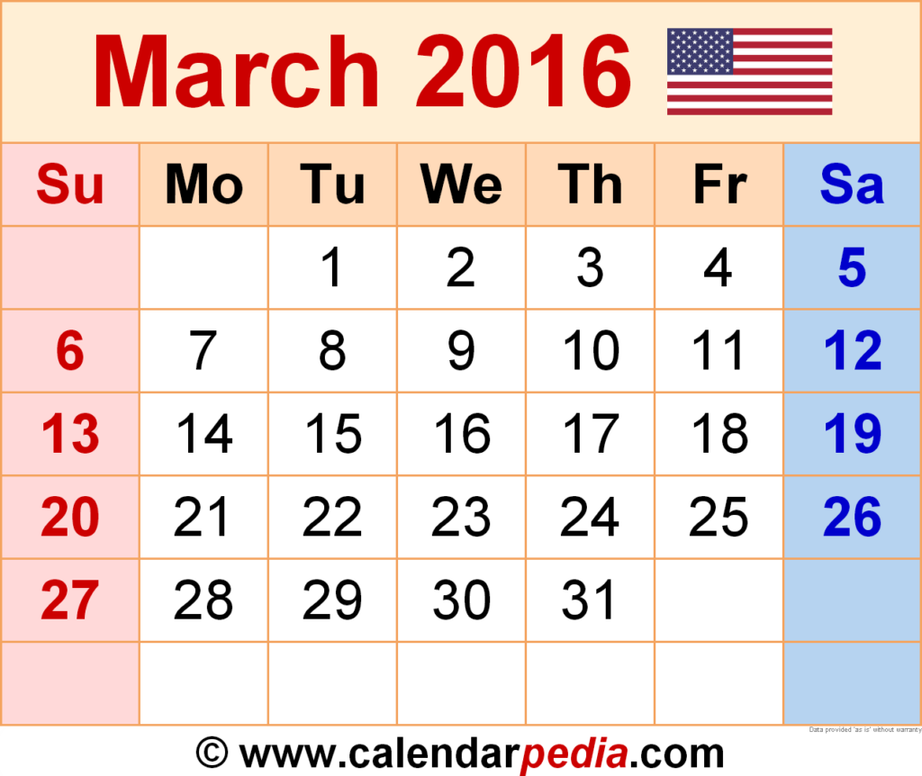 March 2016 Calendar Templates For Word Excel And PDF