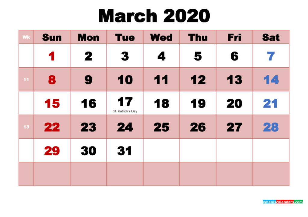 March 2020 Printable Monthly Calendar With Holidays