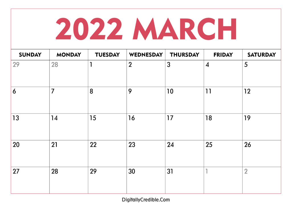 March 2022 Calendar Printable Desk Wall DigitallyCredible