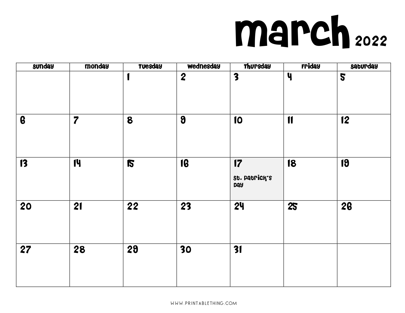 March 2022 Calendar Printable PDF US Holidays Blank Free Download