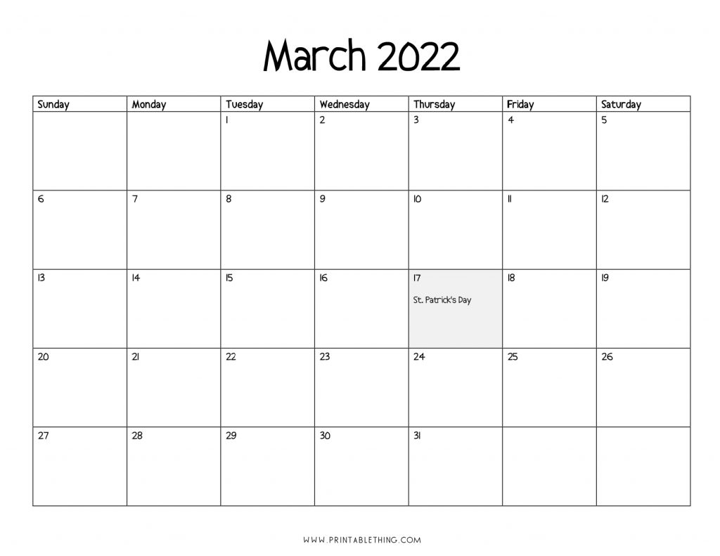 March 2022 Calendar Printable PDF US Holidays Blank Free Download