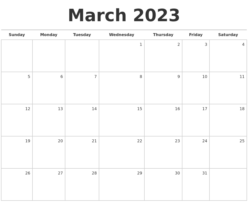 March 2023 Blank Monthly Calendar