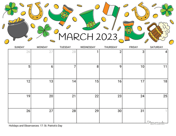 March 2023 Calendar Free Printable With Holidays