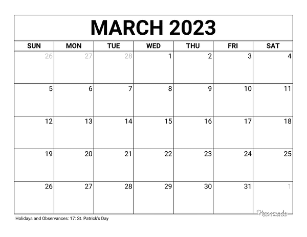 March 2023 Calendar Free Printable With Holidays