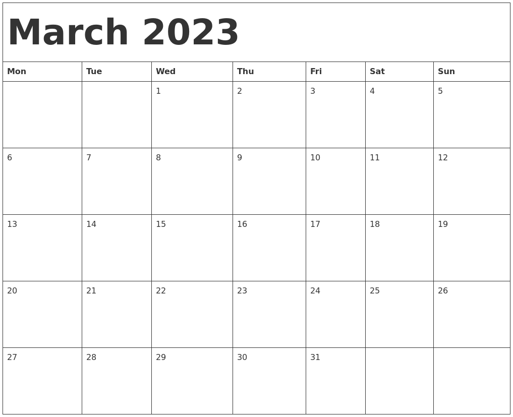 March 2023 Calendar Template