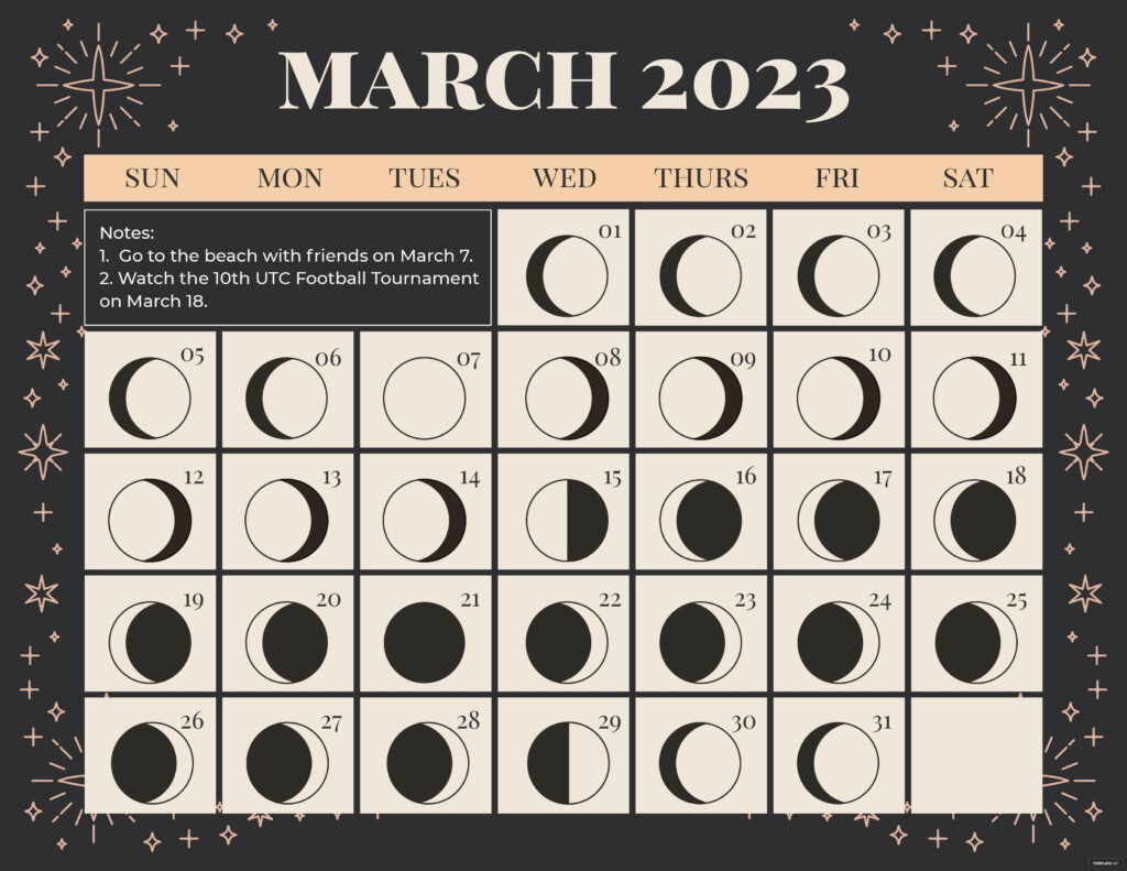 March 2023 Calendar Template With Moon Phases Google Docs 