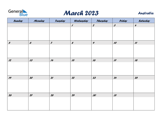 March 2023 Calendar With Australia Holidays