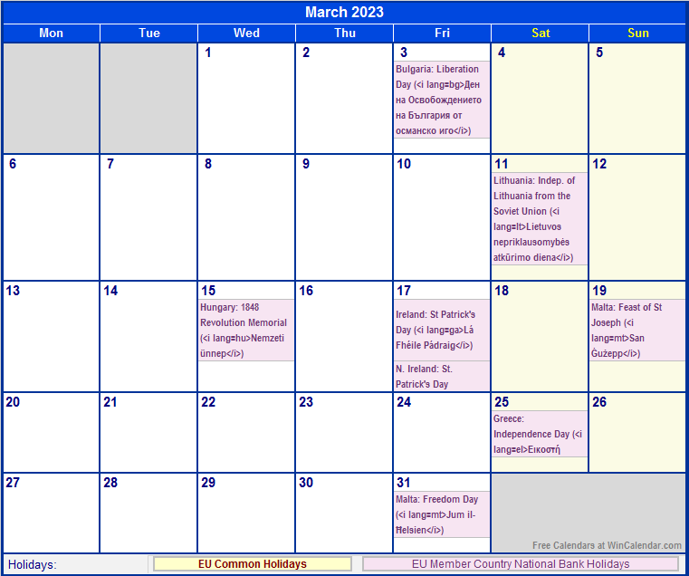 March 2023 EU Calendar With Holidays For Printing image Format 