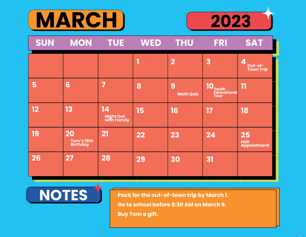 March 2023 Monthly Calendar Template Google Docs Illustrator Word 