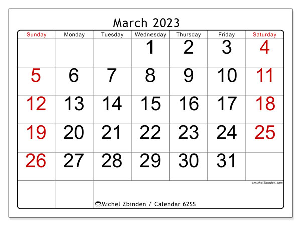 March 2023 Printable Calendar 442SS Michel Zbinden UK