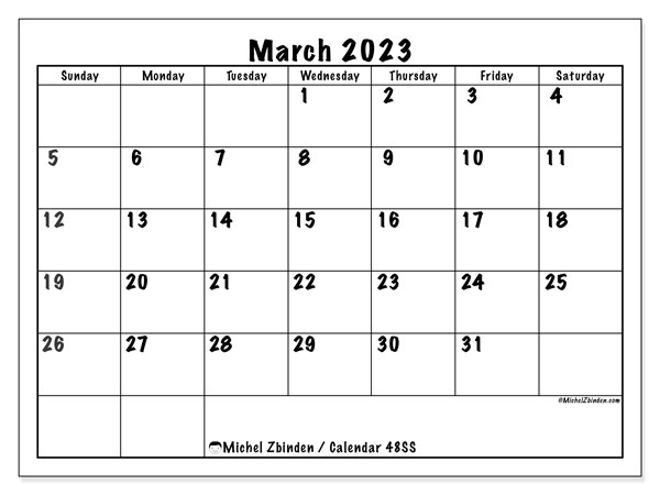 March 2023 Printable Calendar 483SS Michel Zbinden SG