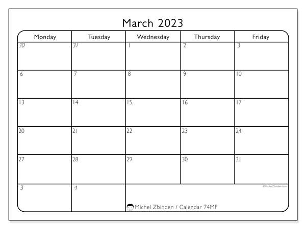 March 2023 Printable Calendar 501MS Michel Zbinden ZA