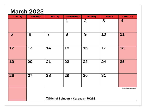 March 2023 Printable Calendar 502SS Michel Zbinden UK