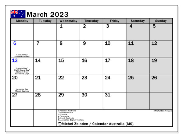 March 2023 Printable Calendar 62MS Michel Zbinden AU