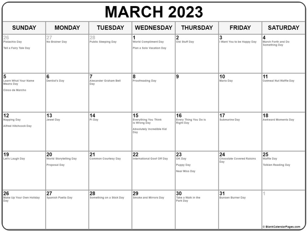 March 2023 With Holidays Calendar