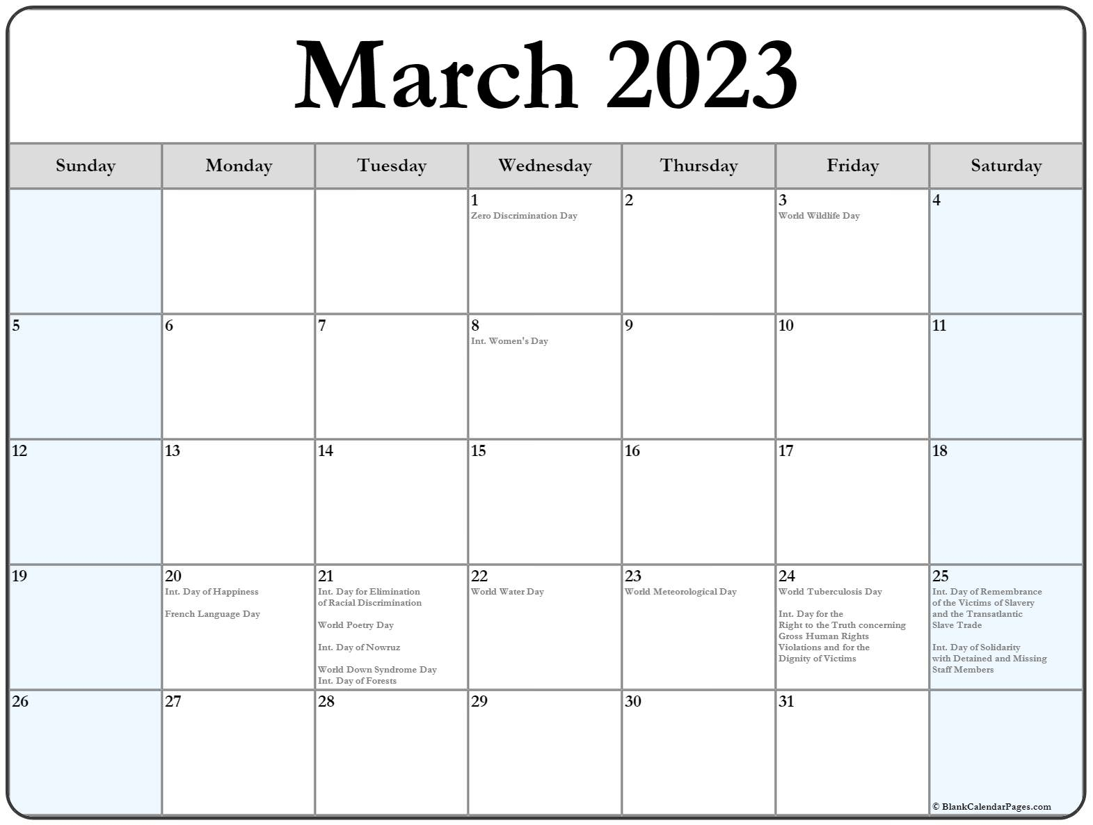 March 2023 With Holidays Calendar