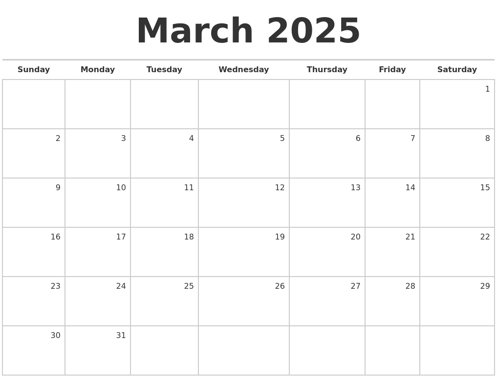 March 2025 Blank Monthly Calendar