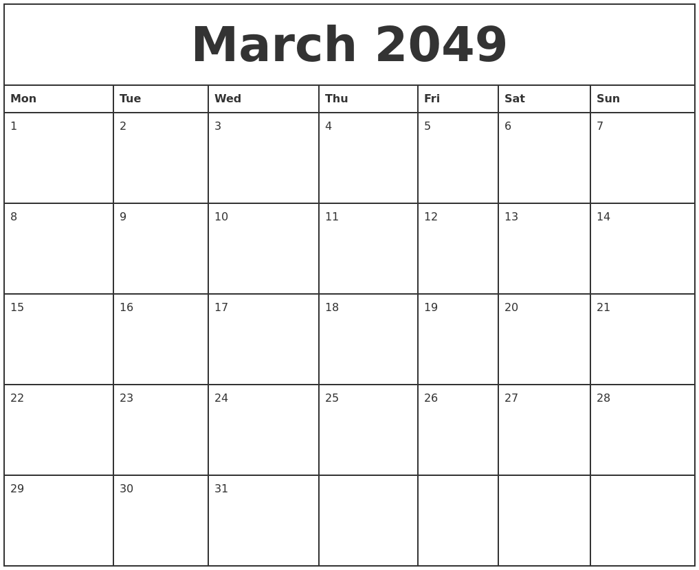 March 2049 Printable Monthly Calendar