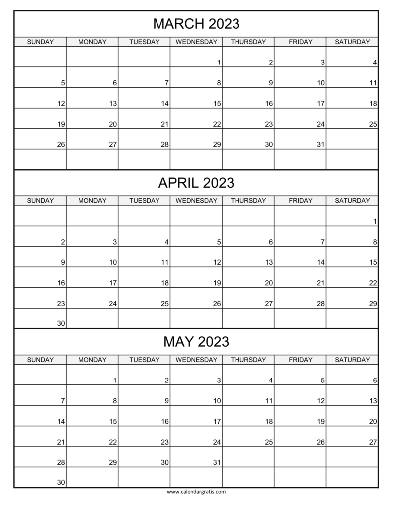 March April May 2023 Calendar Printable Template Three Month Calendar