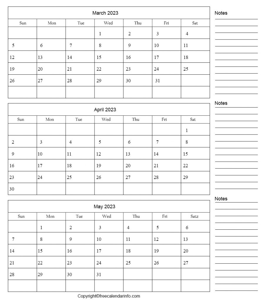 March April May Calendar 2023 Printable Template PDF