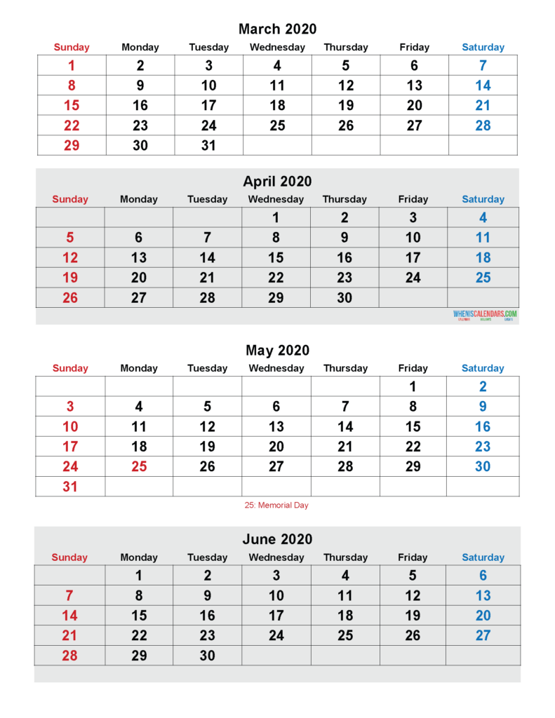 March April May June 2020 Calendar Printable Free Download