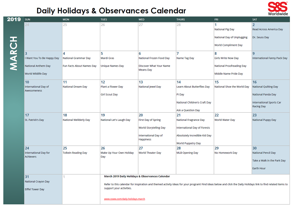 March Daily Holidays Observances Printable Calendar S S Blog