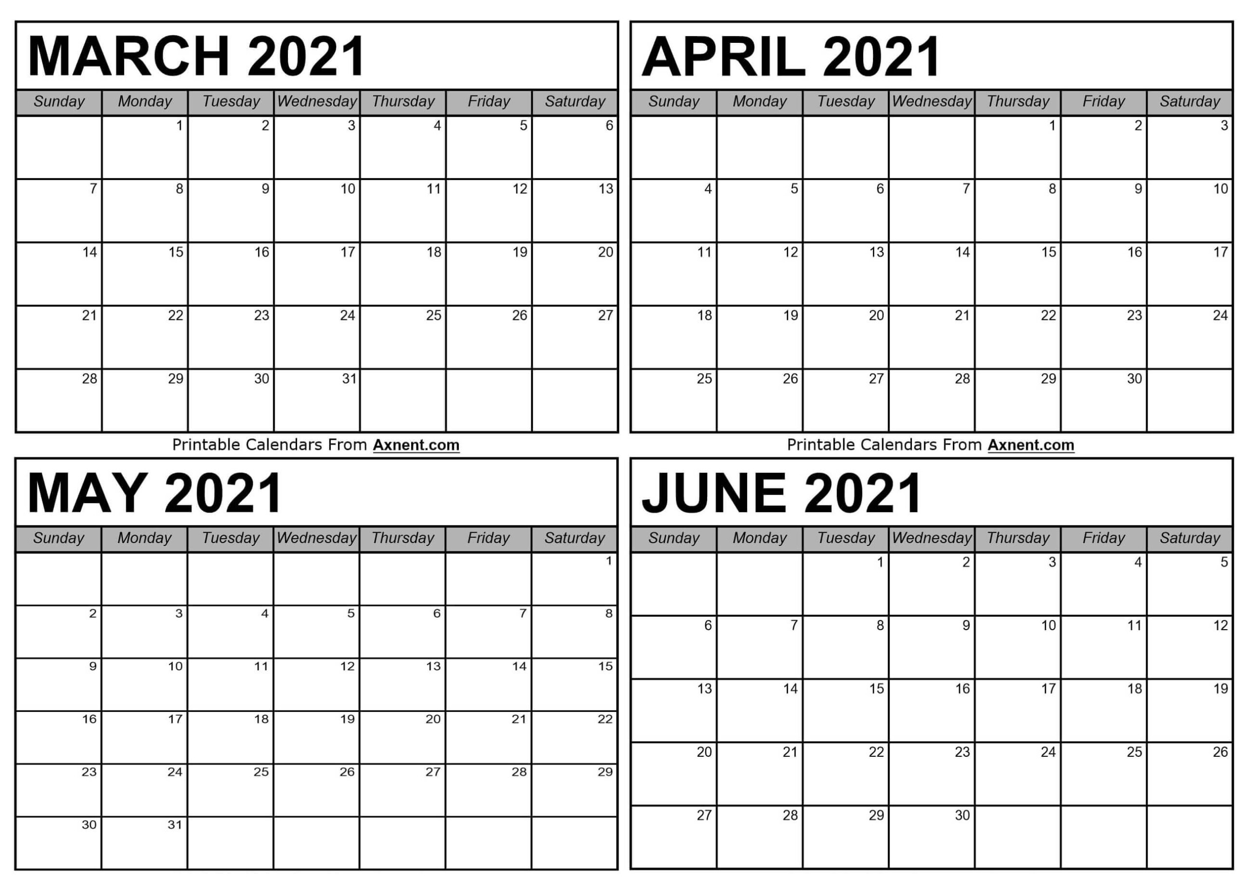 March To June 2021 Calendar Templates Four Months