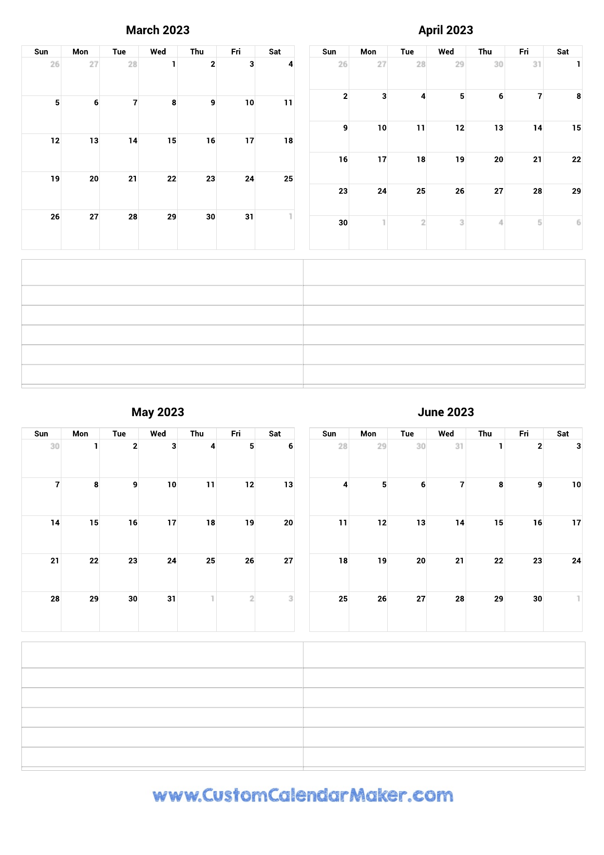 March To June 2023 Printable Calendar