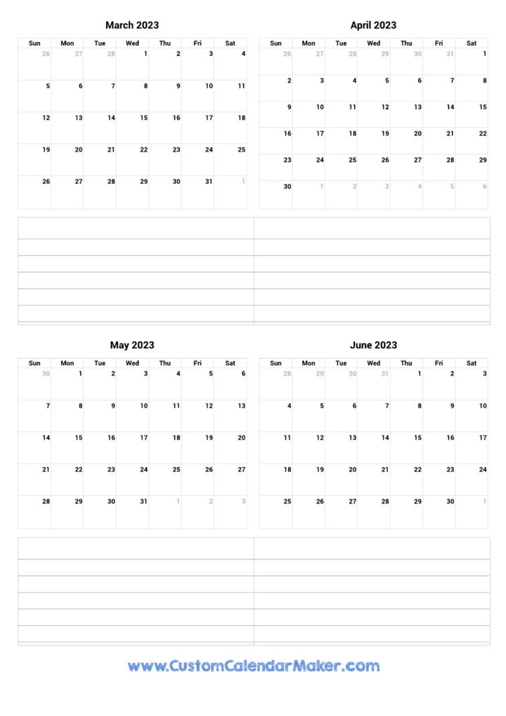 March To June 2023 Printable Calendar