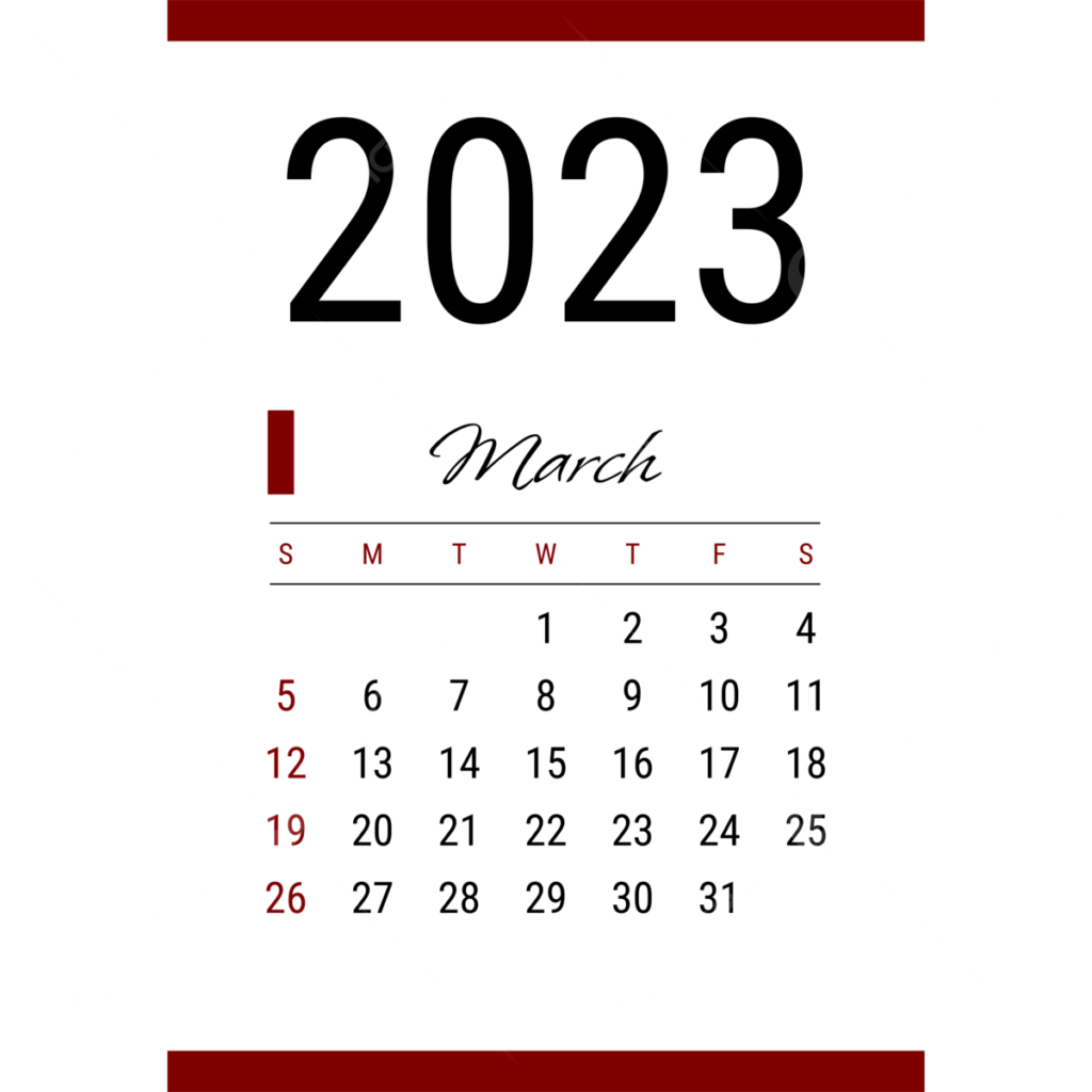 March Year Of 2023 Simple White Calendar With Red Line Calendar 2023 
